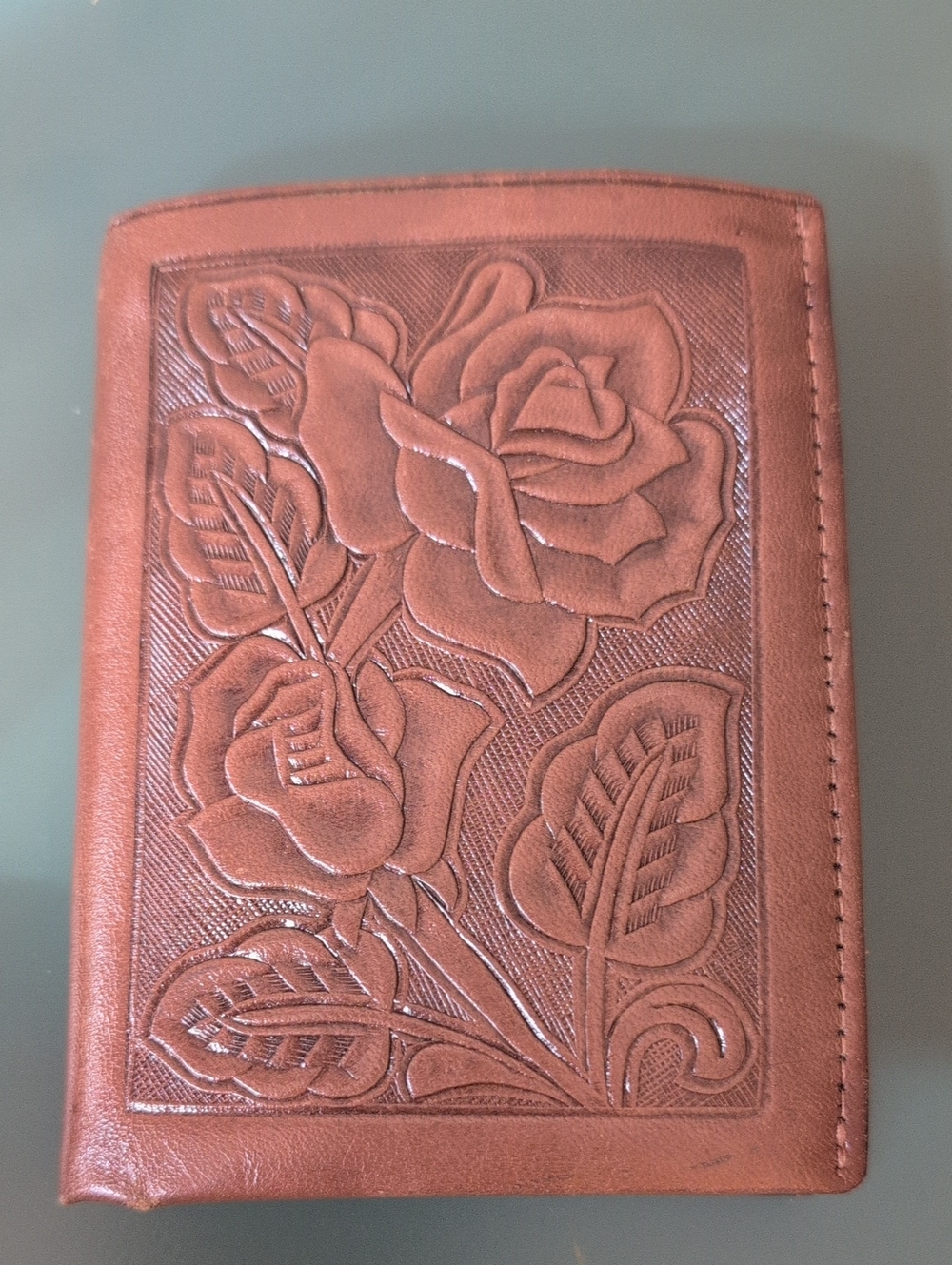 Tooled Leather Wallet with Rose Design